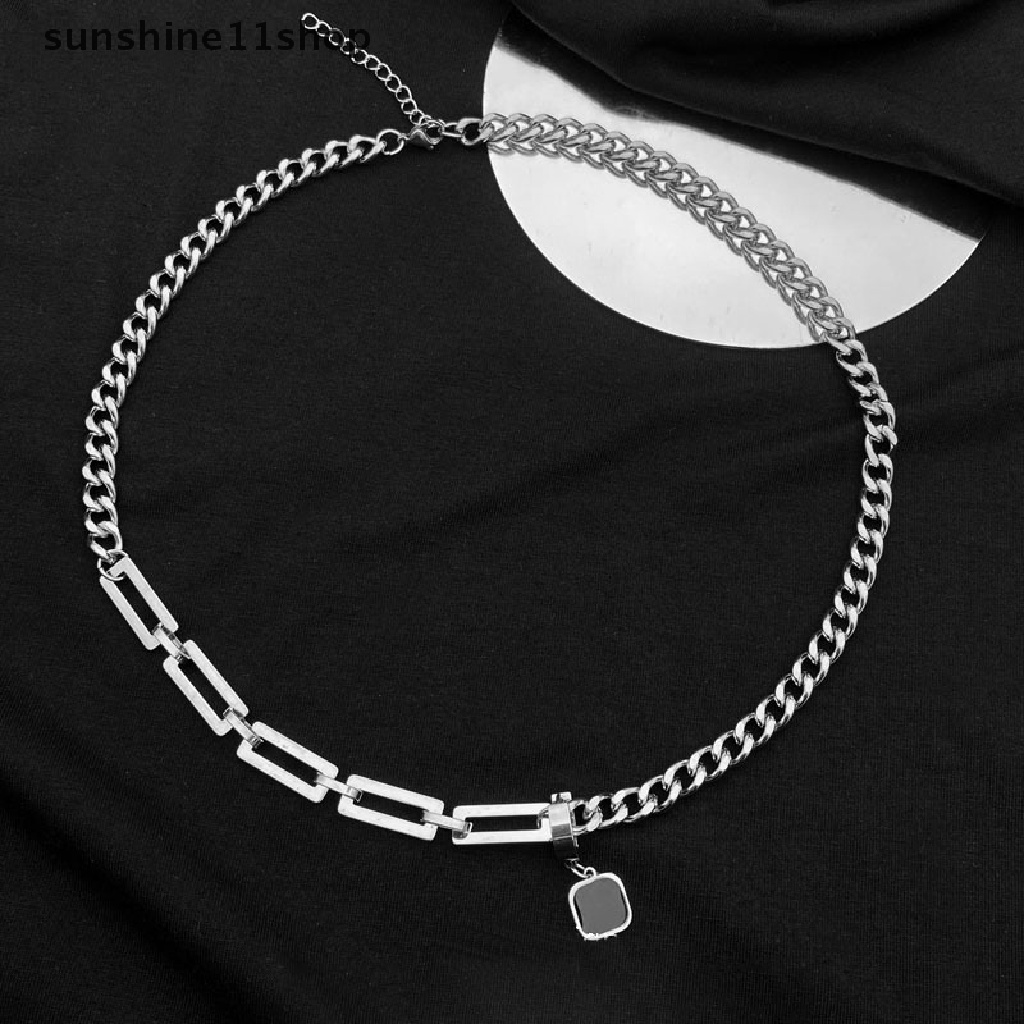 Sho Kreatif Hip-hop Pasang Merek Sederhana Hitam Persegi Anting Liontin Kalung Pria Desain Penggunaan Ganda Stainless Steel Stitch Necklace N