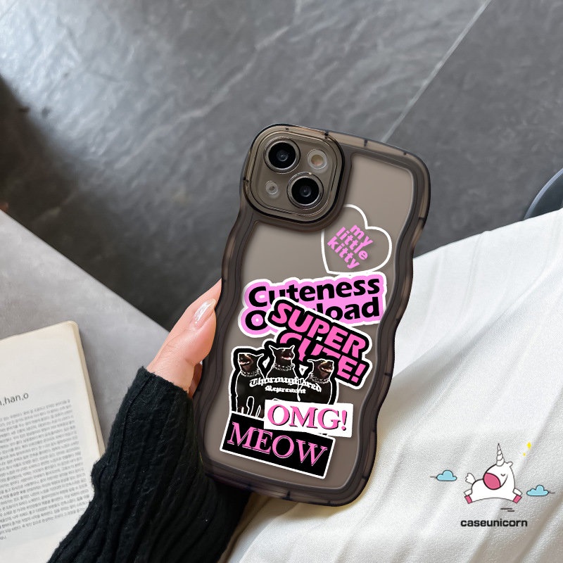 IPHONE Casing Ponsel Label Stiker Merek Trendi Kompatibel Untuk Iphone11 14 13 12 Pro Max XR 6s 6 7 8 Plus X XS Max14 Plus SE 2020 Cool Fashion Cat Wavy Edge Soft Case