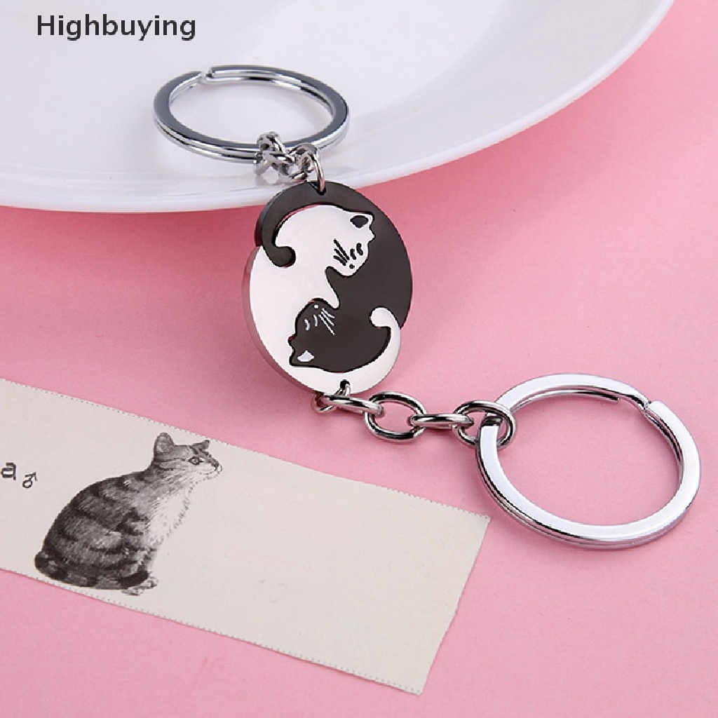 Hbid 1pasang Lucu Kucing Hitam Gantungan Kunci Patchwork Hati Bulat Pasangan Pecinta Keyring Stainless Steel Ransel Kunci Mobil Gantungan Perhiasan Glory