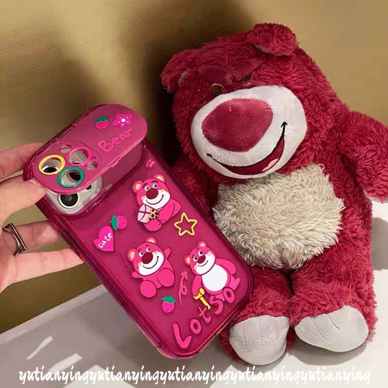 IPHONE Rose Red Cute Kartun Strawberry Bear Manyo Case Kompatibel Untuk Iphone11 13 12 14 Pro Max7 8 14 Plus XR XS MAX X SE Kreatif Flip Make Up Cermin Telepon Soft TPU Silicon Case