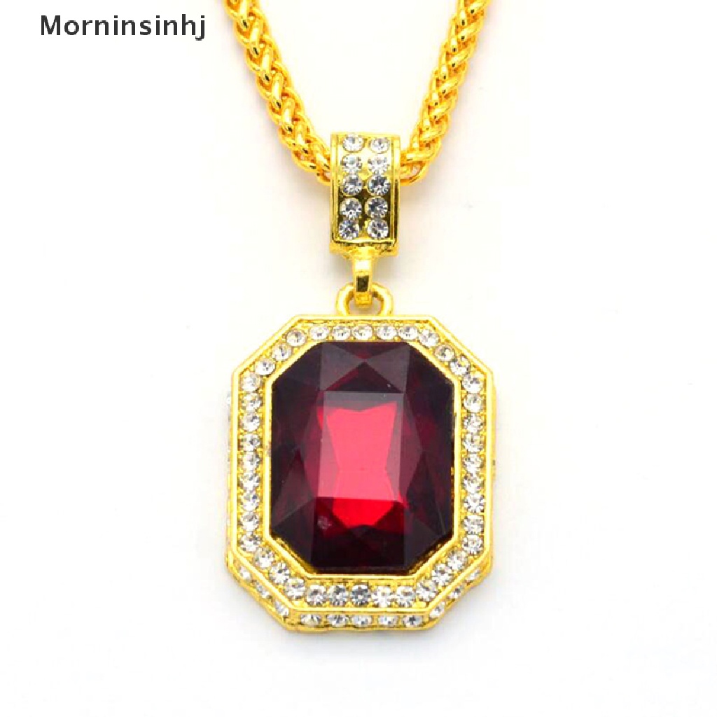 Mornin Bertatahkan Berlian Square Ruby Kalung Hip Hop Pria Liontin Batu Merah Liontin Vintage Perhiasan Kostum Aksesoris id