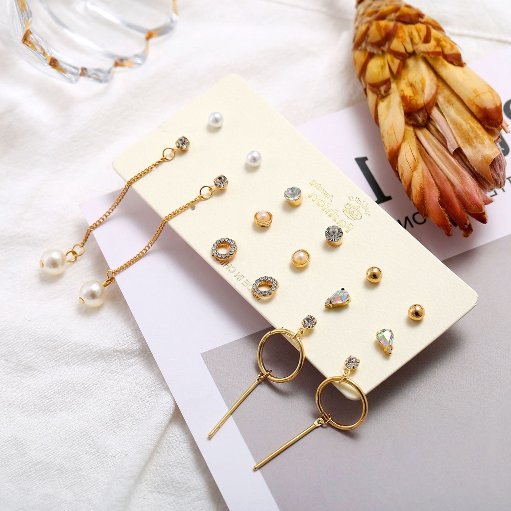 Anting Berlian Drop Color | Anting Mutiara Bentuk Lingkaran | 8 Pasang / Set Anting Tusuk / Stud Motif Bentuk Variasi Untuk Wanita | Aksesoris Wanita | Sendok Garpu Bahan Stainless Steel