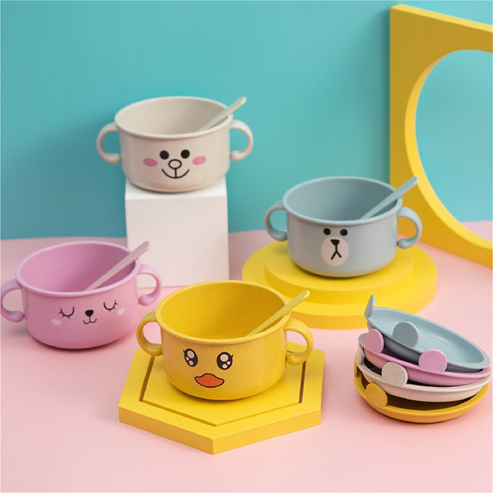 ღ Bayi Feeding Tableware Kartun Bayi Mangkuk dengan Tutup Jerami Gandum Serat Makan Mangkuk Set Dua Telinga Panas bukti Training Bowl Makanan Tambahan Peralatan Makan