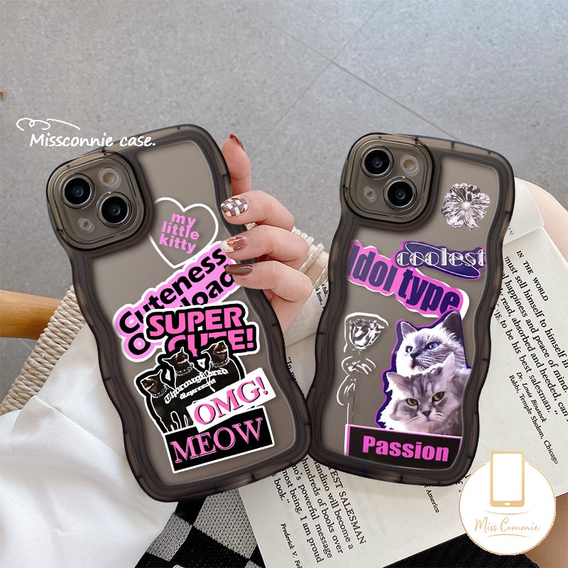 Stiker Label Merek Trendy Case Redmi Note9 10 10s 11 8 11s 11Pro 9s 10Pro Max POCO X3 NFC Pro M3 Redmi 12C A1 10A 10 9T 10C 9 9A A1+9C NFC Mi 11T Pro Cool Cat Wavy Sarung Tepi