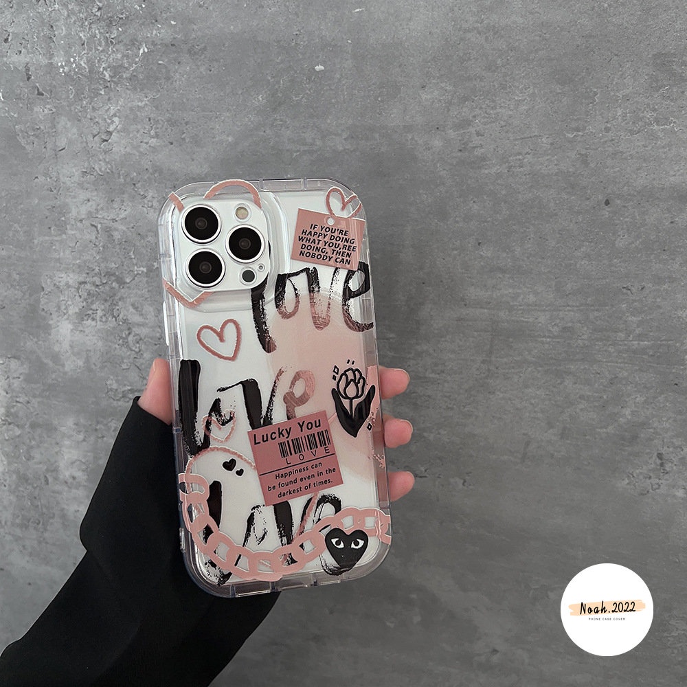 IPHONE Kartun Graffiti Cinta Hati Case Kompatibel Untuk Iphone11 13 12 14 Pro Max6 6s 7 8 Plus XR X XS MAX Shockproof Airbag Comme des Garcons Label Bunga Bening TPU Case Soft Cover