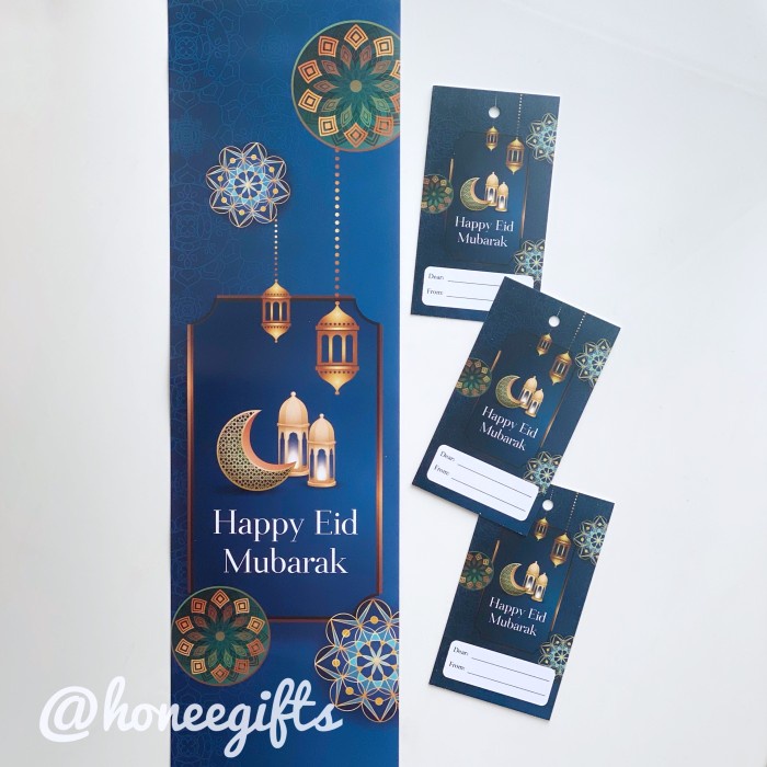 

Paper belt hang tag hampers lebaran parcel bingkisan biru idul fitri