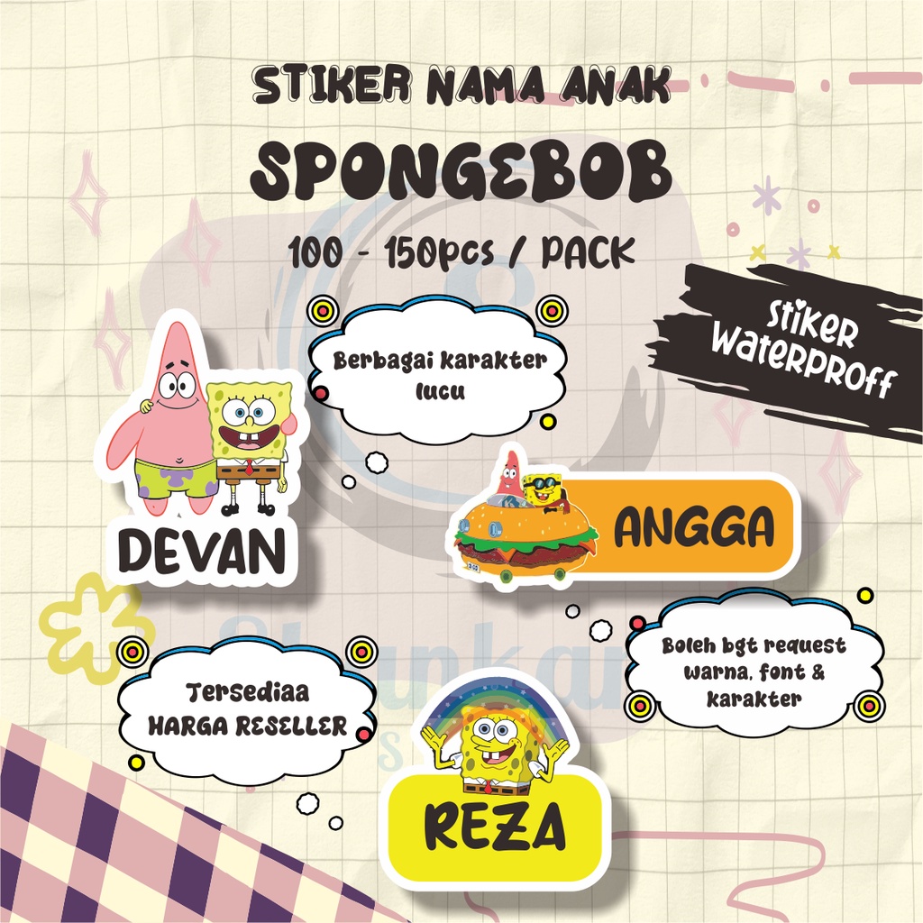 

( 100-150pcs) Stiker Nama TEMA SPONGEBOB / Stiker Nama Langsung Tempel / Stiker Nama Murah / Stiker Efek Hologram