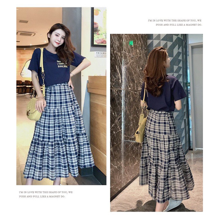 Rok kotak-kotak rok wanita korea rok motif kotak rok midi skirt rok hitam