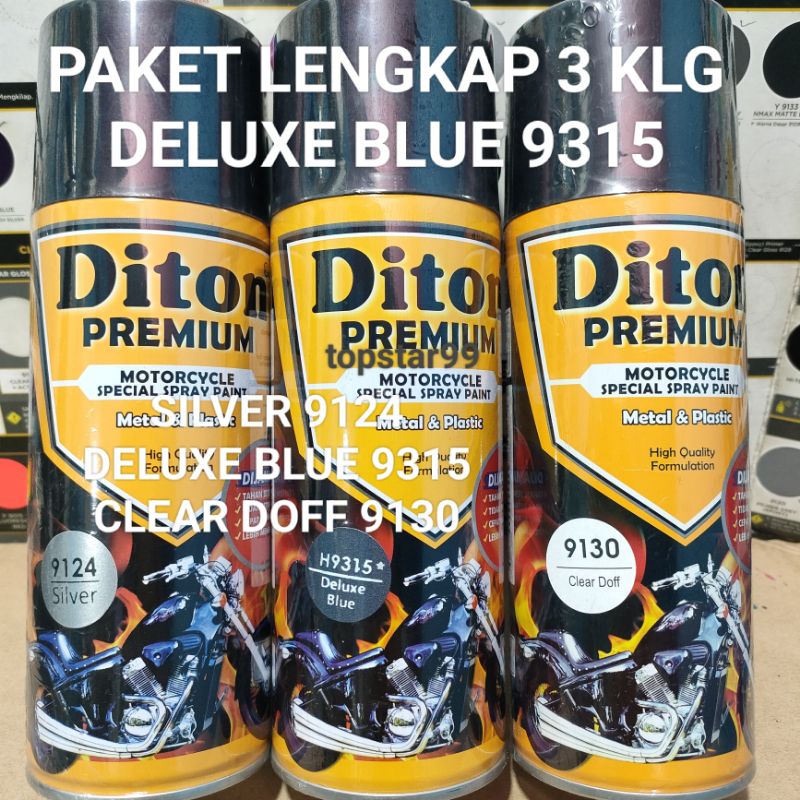 Diton Premium Paket Lengkap 3 Kaleng 400cc Deluxe Blue Biru Doff Dop 9315 Silver 9124 Clear Doff 9130 Pilox Pilok Cat Semprot Spray Paint