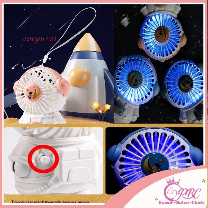 Rokeet Kipas Angin Mini Karakter Lucu Astronot Murah Pocket Fan LED FREE TALI