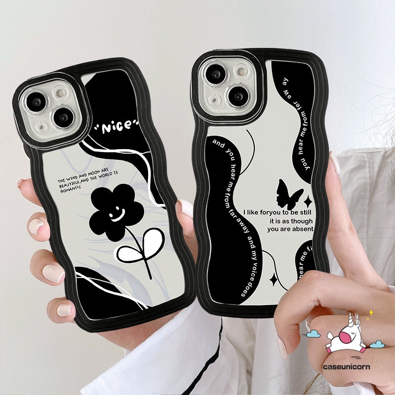 IPHONE Kompatibel Untuk Iphone11 13 14 12 Pro Max 6s 6 7 8 Plus XR X XS Max14 Plus SE 2020 Vintage Flower Wavy Edge Black Retro Butterfly Soft Tpu Case