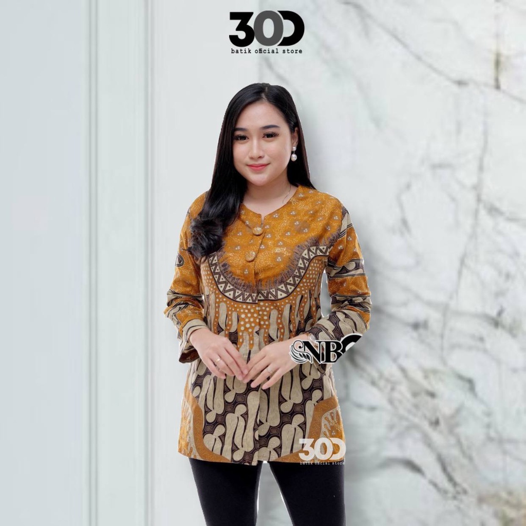 30Dstore Atasan Blouse Batik Wanita Modern Pitaloka Kombinasi Resleting Depan Motif Bunga Lengan Pan