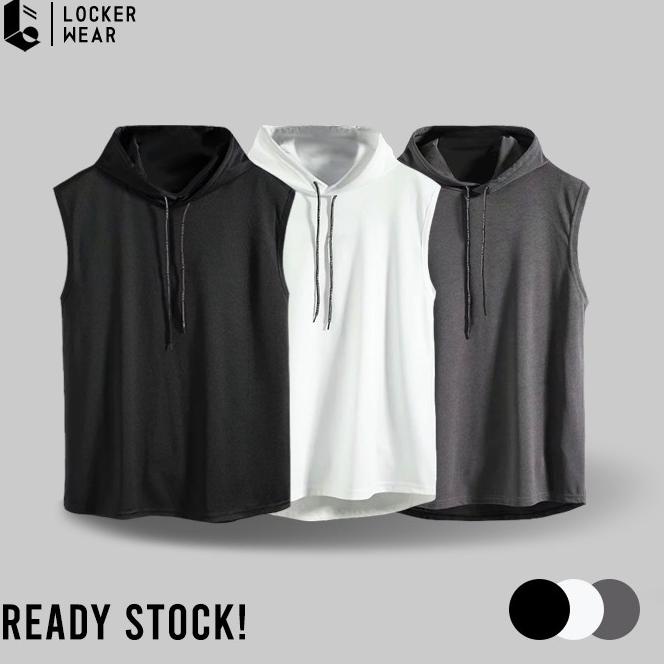 SALE Hoodie Singlet Pria Tanpa Lengan Sleeveless Tank Top Kaos Sweater Polos Olahraga Casual Gym Fit