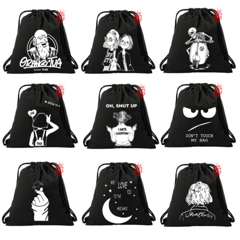 Tas serut pria anti air terbaru bahan taslan tali besar motif frinting