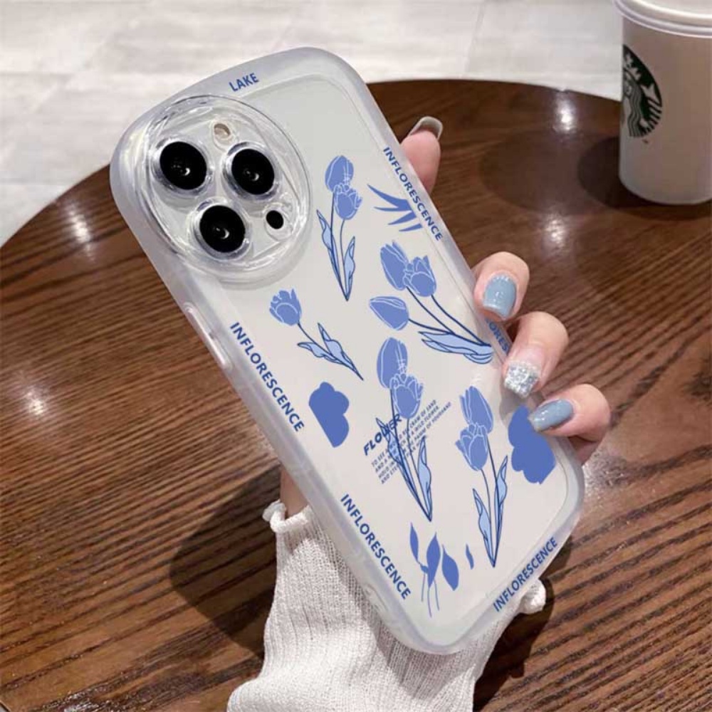 Realme 10 4G Realme C33 C35 C21Y C25Y 5 5i 5S 6i C21 C11 C25 C15 C12 C2 C3 C1 Narzo 50A Prime A1K Lensa Bulat Fashion Blue Tulip Floral Soft Silicone Clear Case BY