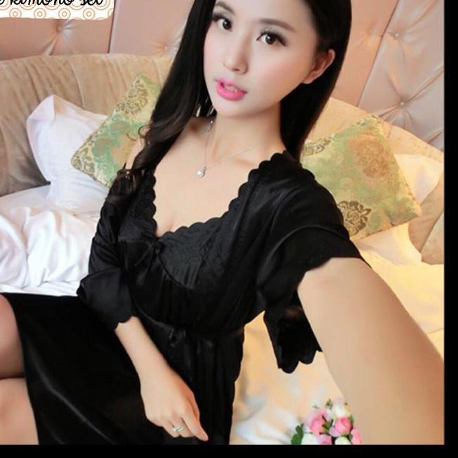 ⅍ hokyfashion BAJU TIDUR SETELAN KIMONO SATIN IMPORT + INNER DALAMAN ( FIT TO XL ) ✧