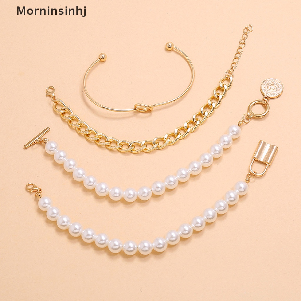 Mornin 4 Pcs Bohemian Multilayer Rumbai Mutiara Gelang Untuk Wanita Geometris Bulat Koin Manik-Manik Kunci Tangan Rantai Pesona Gelang Set Perhiasan Hadiah id