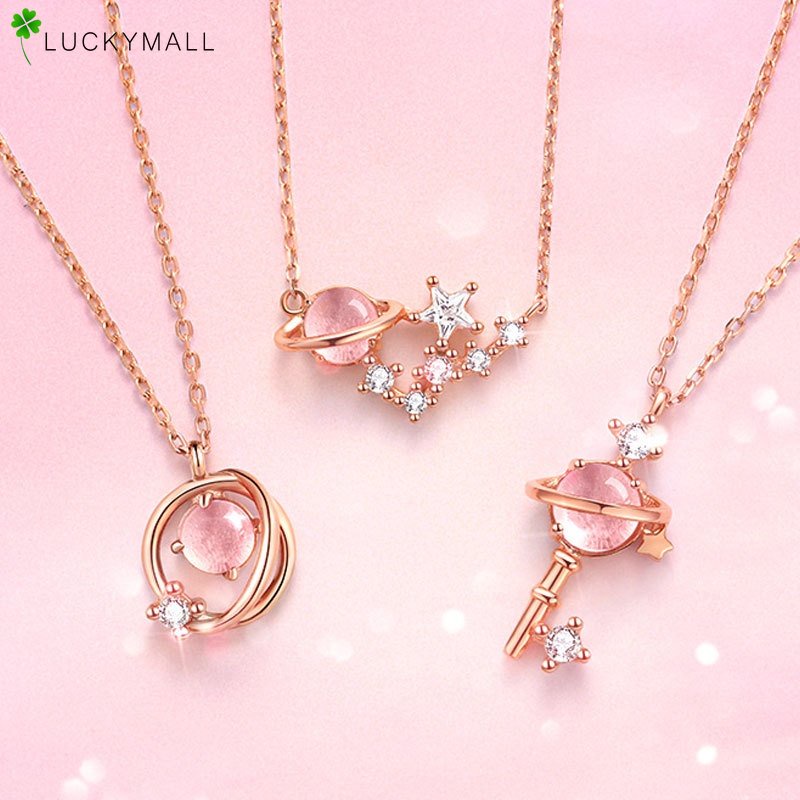 Fashion Kalung Rantai Kristal Pink Untuk Wanita Aksesoris Perhiasan Liontin Zirkon Elegan