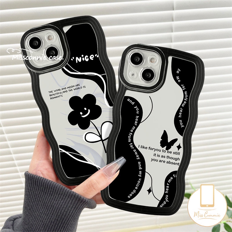 Casing OPPO A17 A15 A78 A16 A55 A54 A96 A95 A5 A9 A16s A74 A52 A5s A7 A12 A57 A77 A17K A3s A77s A76 A1k A53 A16K Reno 8T 8Z 7 8 7Z 6hitam Retro Bunga Kupu Tepi Bergelombang Sarung