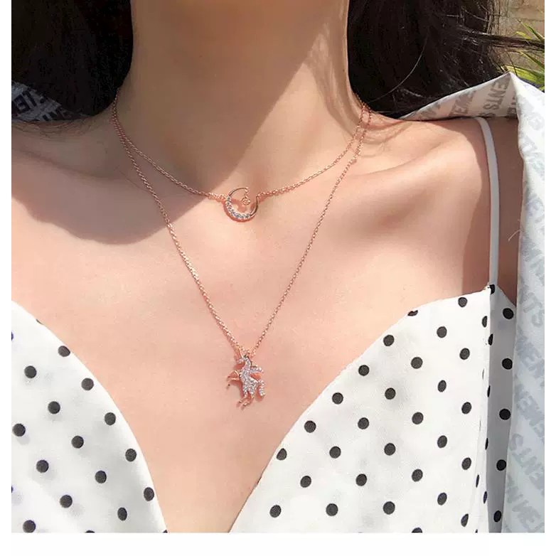 Kalung Rantai Ganda Hypoallergenic Hias Liontin Berlian Bahan Sterling Silver Gaya Eropa Amerika Untuk Wanita