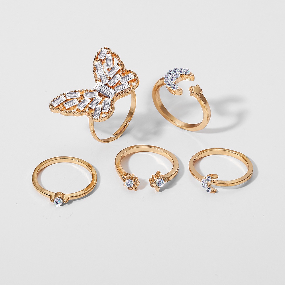 5pcs/set Fashion Berongga Kupu-Kupu Cincin Set Pembukaan Adjustable Jari Cincin Wanita Indah Kristal Berlian Bintang Bulan Butterfly Rings Sederhana Elegan Vintage