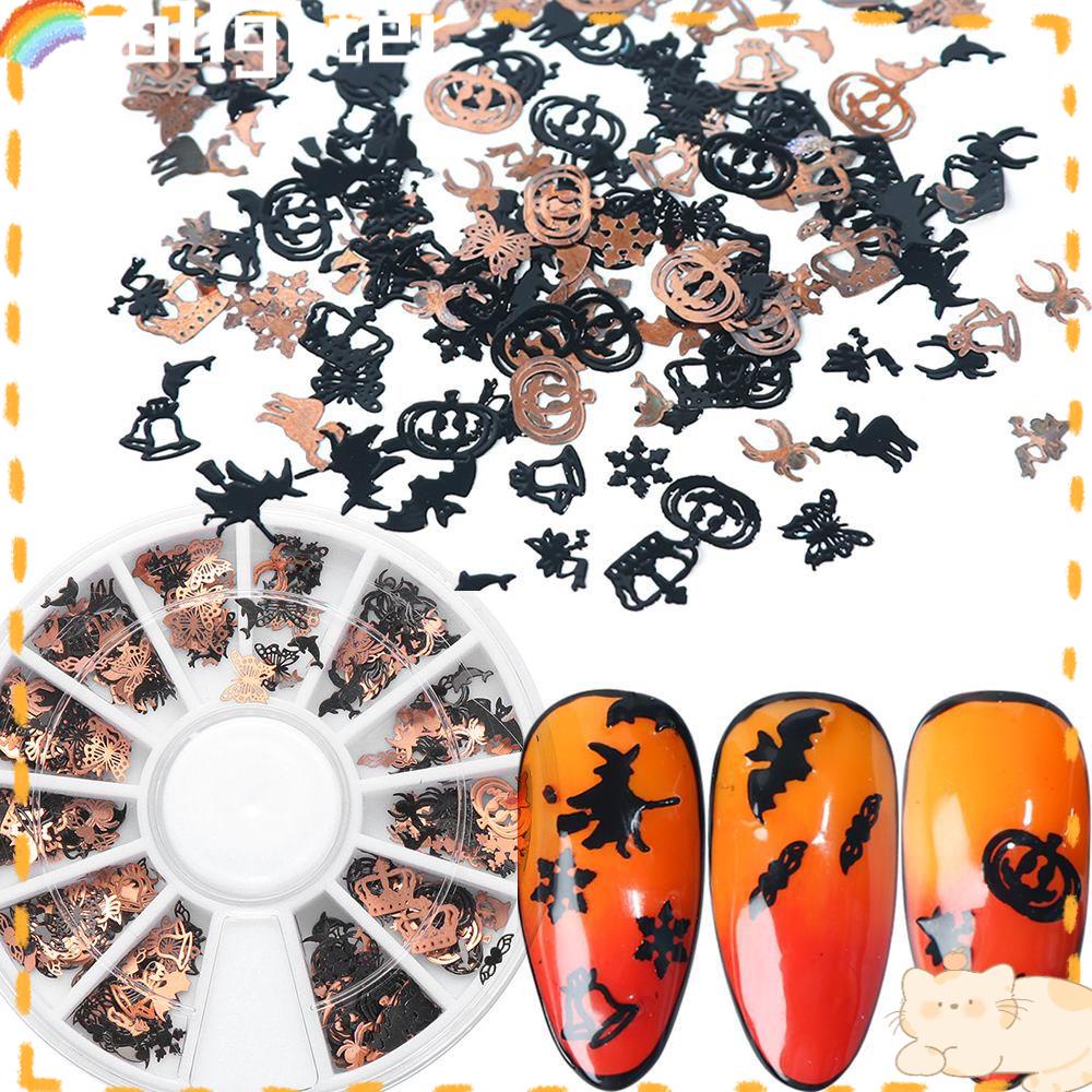 Solighter Halloween Kuku Payet Paillettes Slice Mix Desain Hitam Emas Perhiasan Kuku Nail Art Dekorasi Serpihan Logam