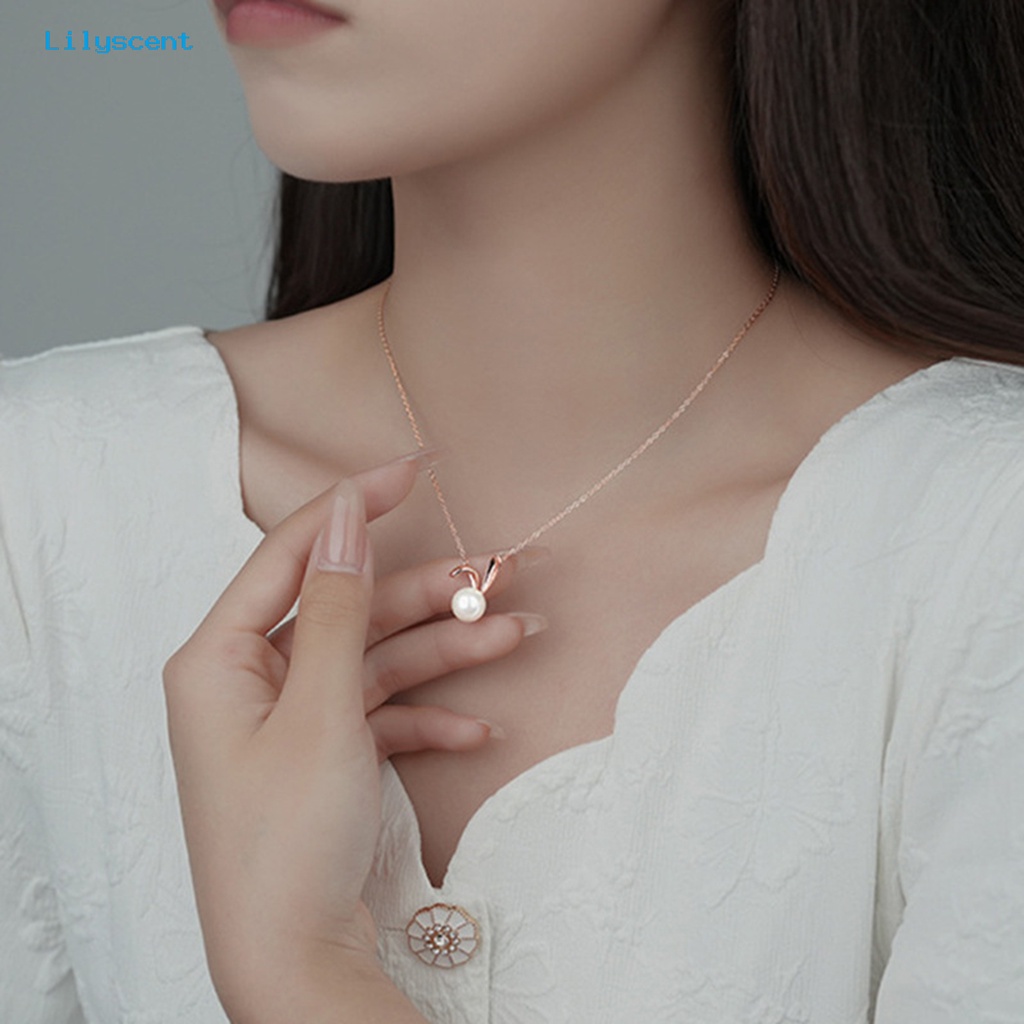 [LS] Wanita Kalung Slim Link Rantai Elegan Dainty Temperamen Hadiah Hypoallergenic Berkilau Mutiara Imitasi Kelinci Liontin Kalung Fashion Perhiasan