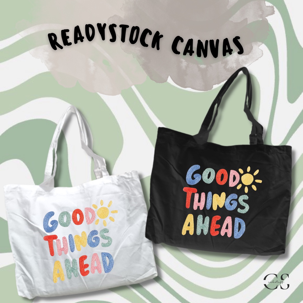 (45x35x10) TOTEBAG KANVAS HITAM/PUTIH LANDSCAPE LARGE GOOD THINGS / TOTEBAG KANVAS AESTHETIC MURAH / TOTEBAG KULIAH MOTIF / TAS SEKOLAH