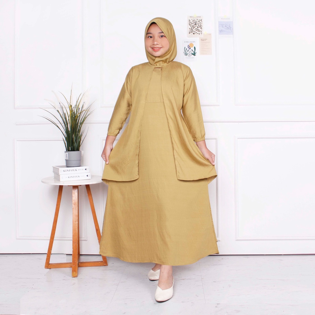 CIAHAW-Gamis Anak Perempuan syari Cringkel Polo Linen-Kancing Usia 6-12 Tahun