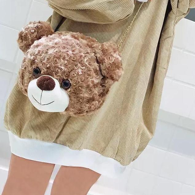 ➼ Tas Bulu Selempang Teddy Bear Tas Boneka Kepala Teddy Bear Tas Kekinian Tas ◌