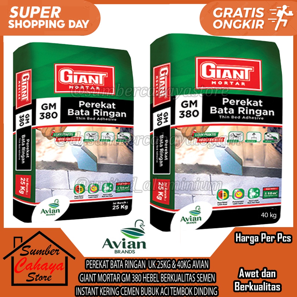 PEREKAT BATA RINGAN  UK 25KG &amp; 40KG AVIAN GIANT MORTAR GM 380 HEBEL BERKUALITAS SEMEN INSTANT REKAT MEREKATKAN KERING CEMEN BUBUK ACI TEMBOK DINDING BANGUNAN DEMPUL TUTUP LUBANG RETAK PLESTER PLESTERAN PLAMIR PELAMIR WALL PUTTY ACI AN TAMBAL TAMPAL LOBANG