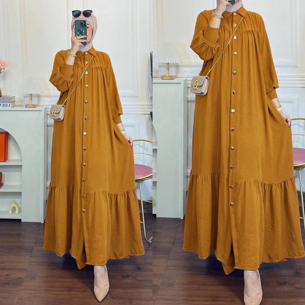 Fania Jumbo Dress Wanita Crinkle Airflow Premium Gamis Terbaru Full Kancing Hidup Baju Muslim Lengan Manset Kekinian LD 130 cm