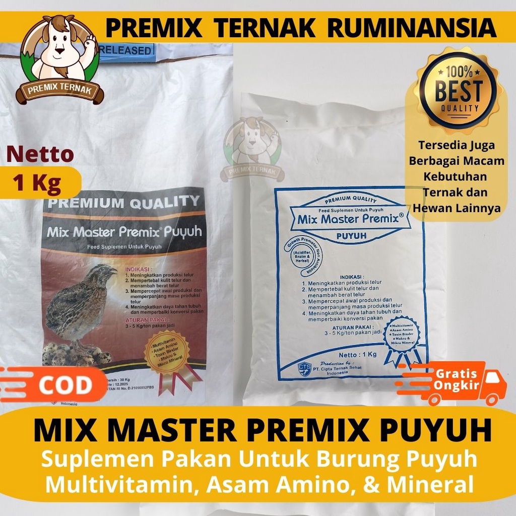 MIX MASTER PREMIX PUYUH 1 KG - Suplemen Pakan Untuk Pemacu Produksi Telur Puyuh - Multivitamin, Asam Amino, &amp; Mineral - Vitamin Puyuh - Mineral Puyuh