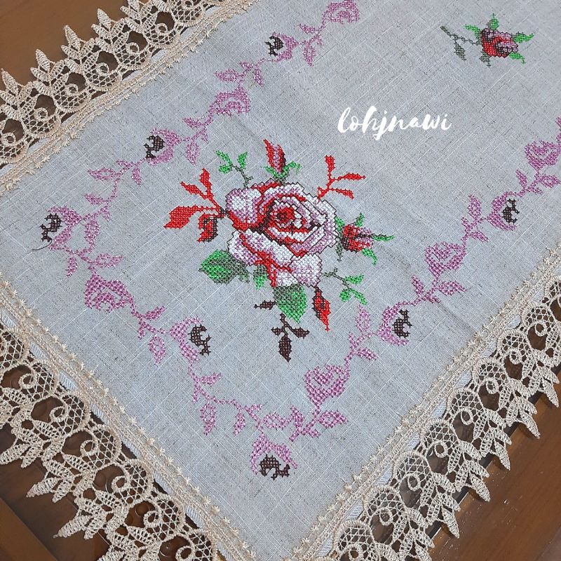 Taplak Meja Tamu Sulam Strimin Renda 40x90 cm Table Runner Vintage Table Cloth Cross Stitch