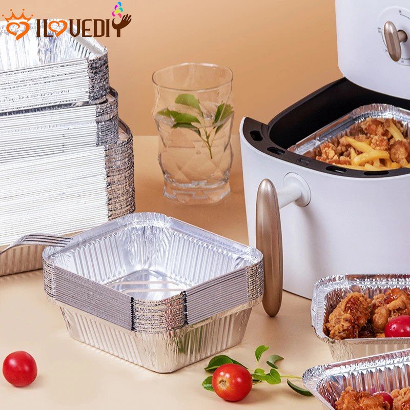 10pcs Square Air Fryer Liner Kotak Tidak Lengket Aluminium Foil Tin Paper Tray Tahan Panas Greaseproof Memanggang Pan BBQ Baking Aksesoris Memasak
