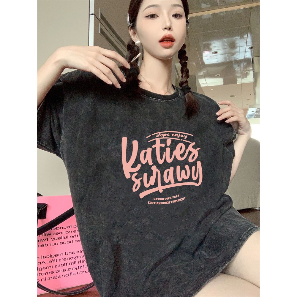 XIAOZHAINV Korean Style Letter Printing Pattern Washed Printing Kaos Wanita