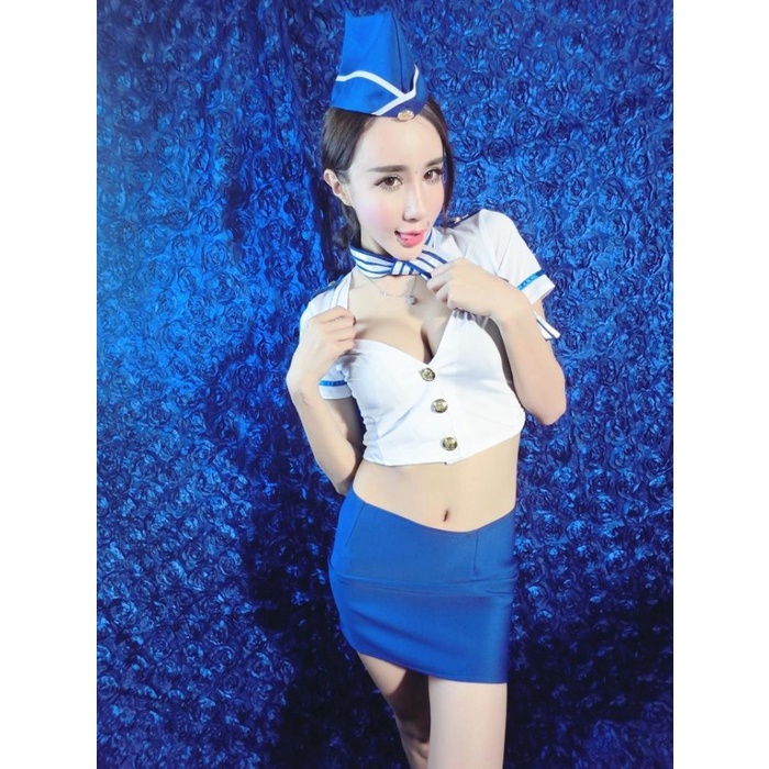 Set Lingerie Bertema Cosplay Pramugari Mini Kemeja +Stocking jaring