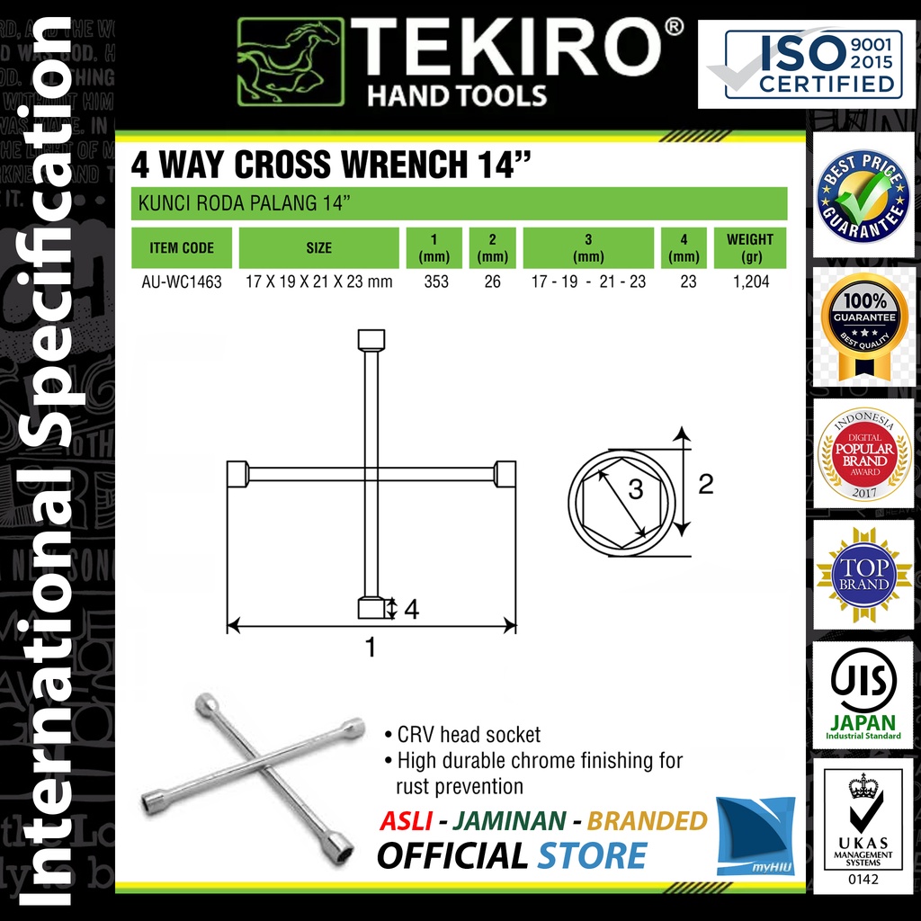 Kunci Roda Palang 17 x 19 x 21 x 23 mm - 14 inch / 4 Way Cross Wrench TEKIRO