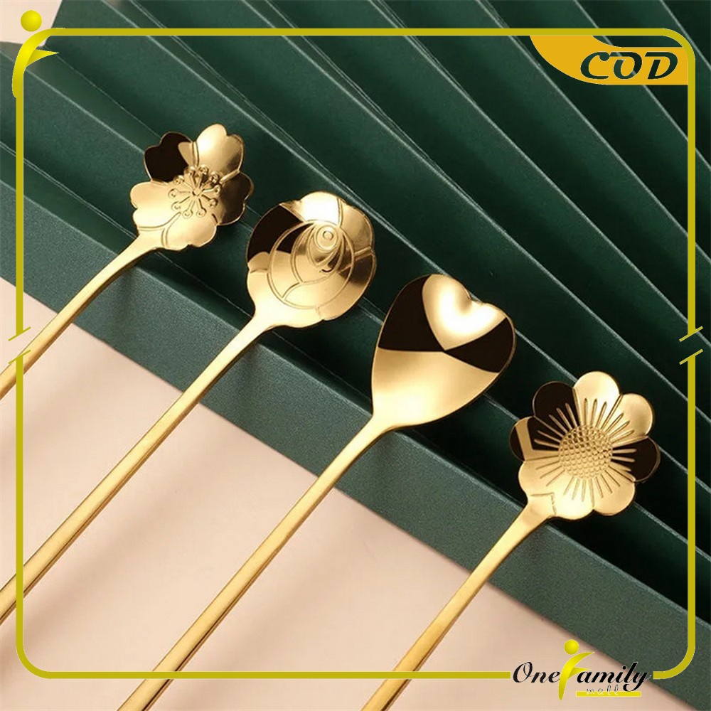 ONE-C766 Sendok Korea Teh Kopi Kecil Stainless Steel Motif Love Elegant Warna Gold / Sendok Bunga Emas Spoon Dessert Import