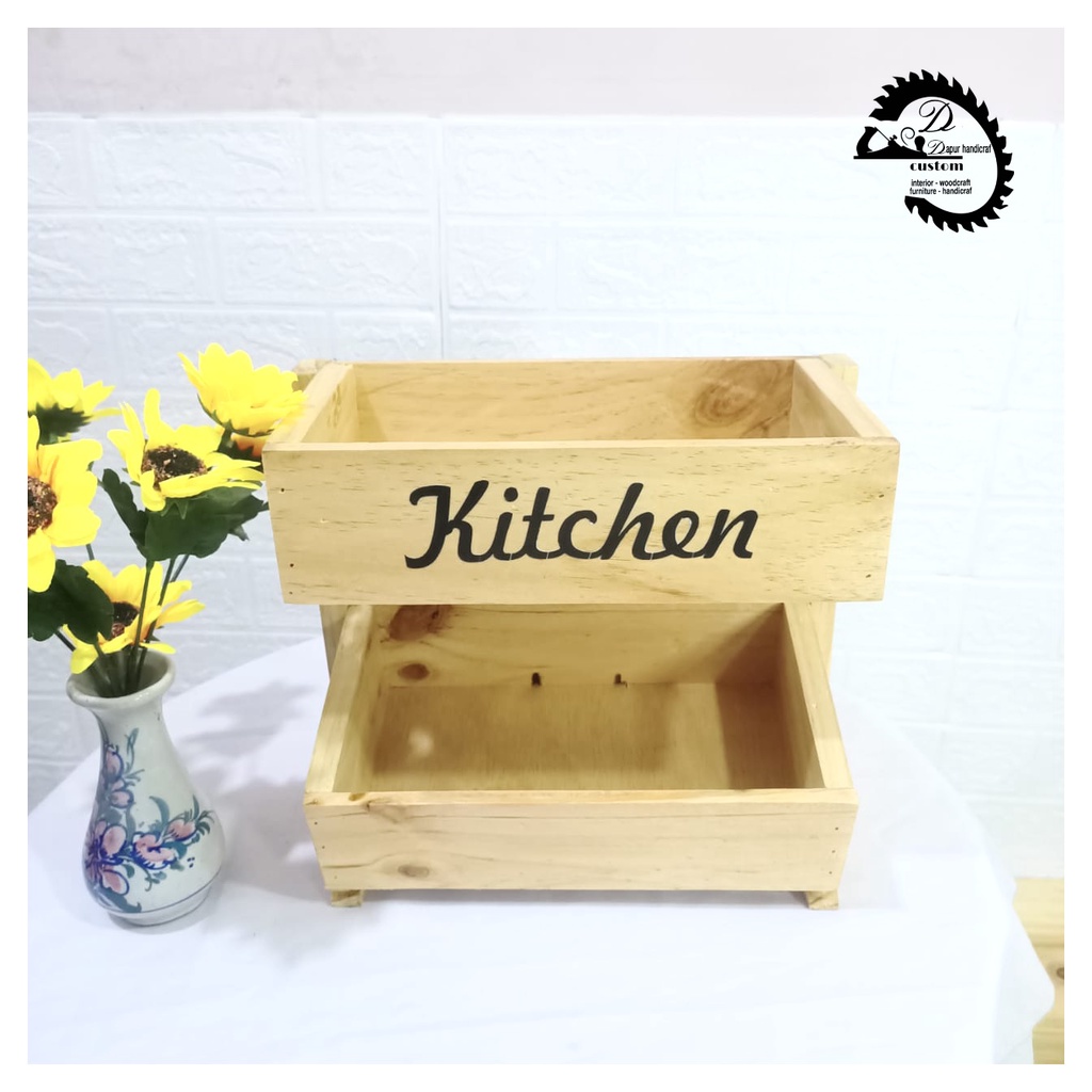 Rak Bawang 2 Susun Kayu  Gratis Stiker Bumbu Dapur Unik  Fernis