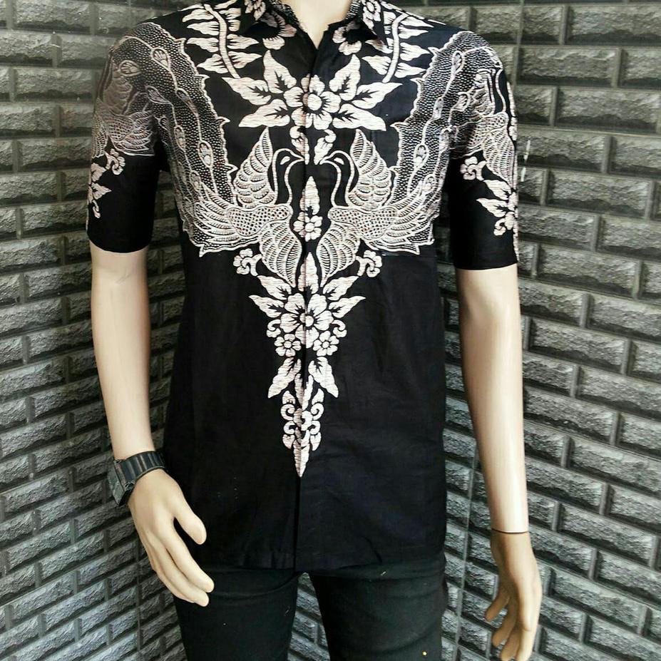 (Bisa Cod) KEMEJA BATIK PRIA LENGAN PENDEK BAJU KERJA KANTOR BAJU BATIK PRIA DEWASA WARNA HITAM PUTI