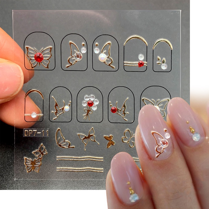 Golden Charms 3D Nail Art Berlian Imitasi Stiker Kupu-Kupu Jantung Permata Kuku Rivet Beads Dekorasi Kuku Kertas Manicure