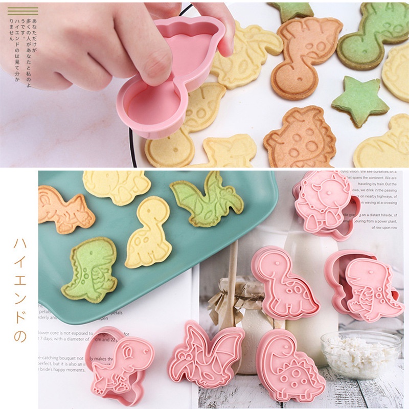 6pcs / set Cetakan Kue / Biskuit Bentuk Kartun Dinosaurus 3D Model Tekan DIY