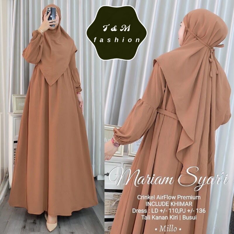 T &amp; M Fashion~Maryam Gamis Set Hijab Instant Premium Matt Crinkle Air Flow Gamis Busui Fashion Muslim Terbaru 2023 Baju Wanita Harian Rumahan Santai Warna Sage Navy Dusty Mocca Birel