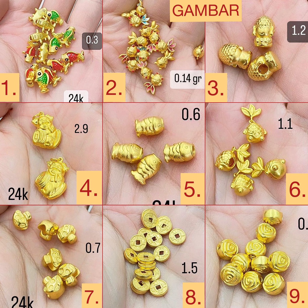 Pandora gelang anak dan dewasa emas asli 24k 99 LM import charm murni bunga mawar rose bola lucky cat ikan tiger hoki maneki neko gold japan mainan 0,5 1 gram