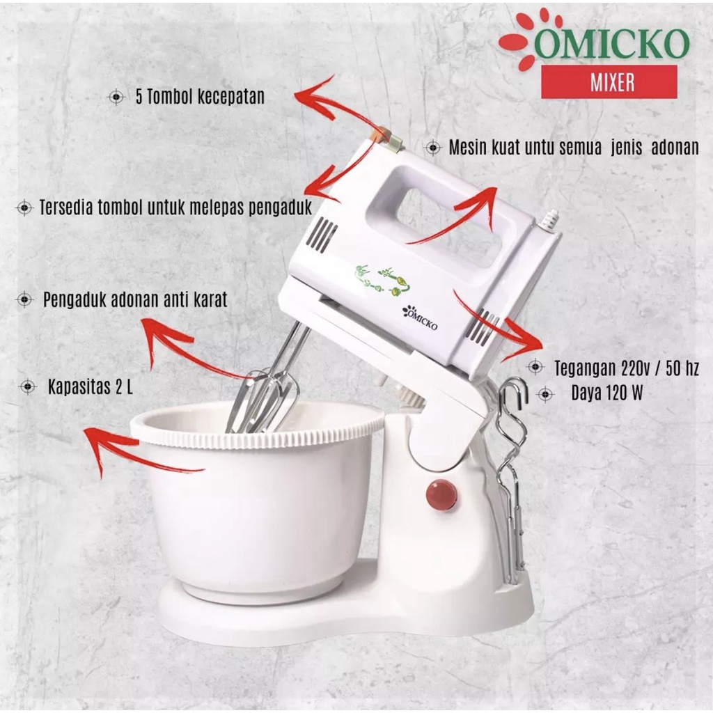 [IZUNA] MIXER ADONAN KUE OMICKO / STAND MIXER PENGADUK ADONAN / OMICKO MIXER 5 SPEED / HAND MIXER KUE ROTI / PENGADUK ADONAN 2 LITER