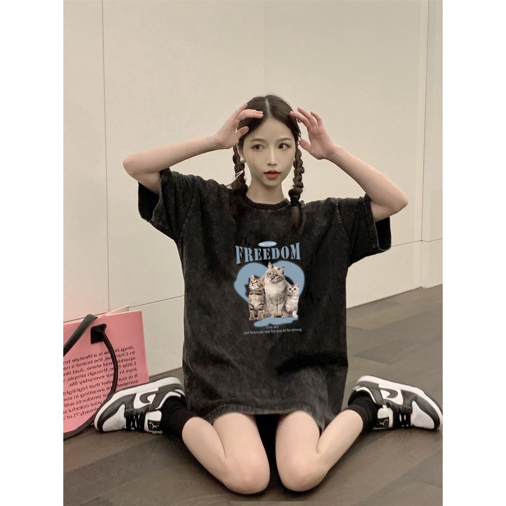 XIAOZHAINV Kaos Atasan Wanita Three Cats Pattern Lengan Pendek A0158