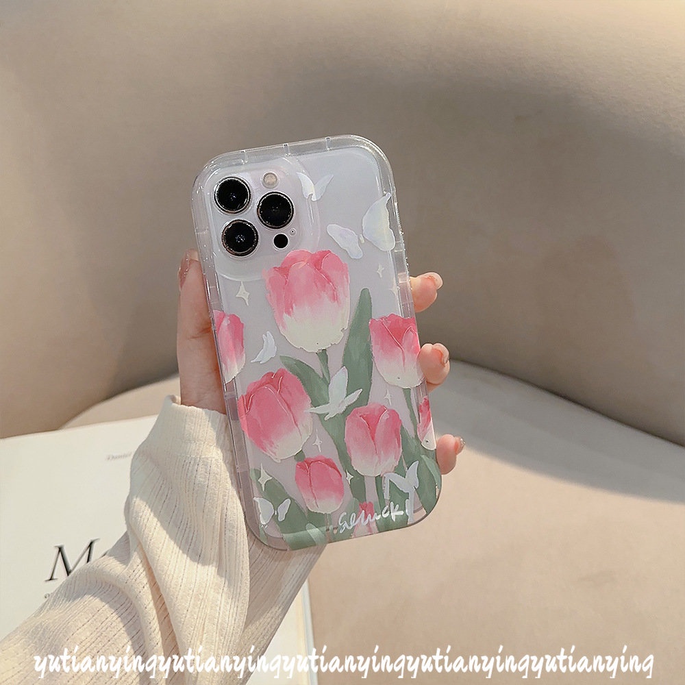 IPHONE Fashion Segar Musim Semi Bunga Casing Kompatibel Untuk Iphone11 13 12 Pro MAX XR 6 6S 7 8 Plus 14 Pro MAX X XS MAX Tulip Kupu-Kupu Shockproof Lembut TPU Airbag Phone Case