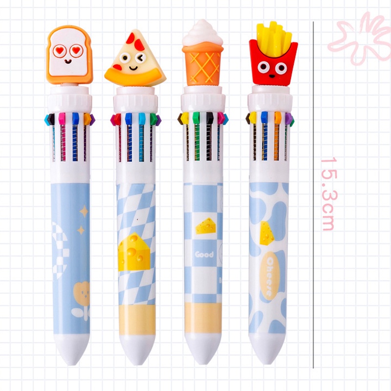 Sepuluh Warna Pulpen Ballpoint Kartun Fast Food Lucu/Pulpen Tulisan Kepala Stereoskopik Silikon Kreatif