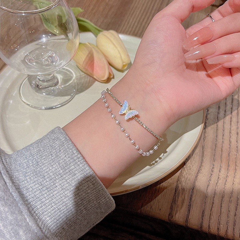 Gelang Perak Elegan Y2K Aksesoris Manik Mutiara Opal Lucu Butterfly Bear Peach Bangle Untuk Perhiasan Wanita